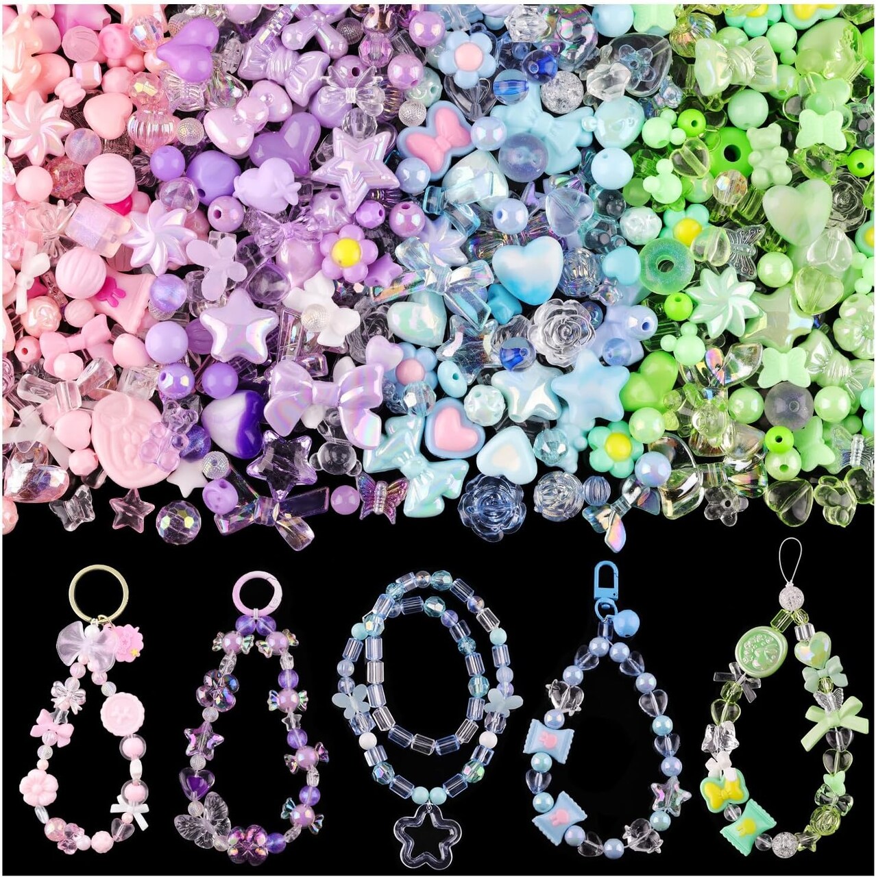 180-240PCS Assorted Acrylic Beads For Bracelet Making, Flower Bow Butterfly Candy Star Heart GummyBear Kawaii Aesthetic Bracelet Charms,Cute Beads